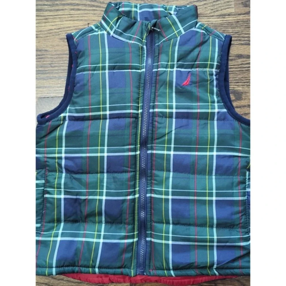 NWT Nautica Puffer Vest Boy's 2T Tartan Green Blue‎ Red Plaid Holiday Christmas